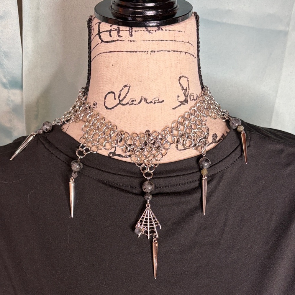 Handmade Madagascar Labradite Chain Mail Spiderweb Choker witchy luxe goth - Picture 2 of 8